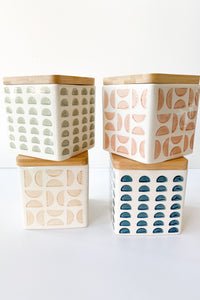 mode, hand stamped canister with lid