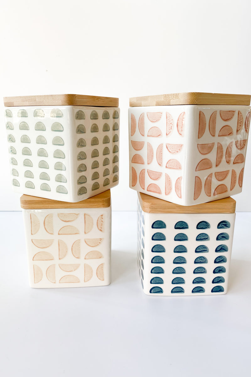 mode, hand stamped canister with lid
