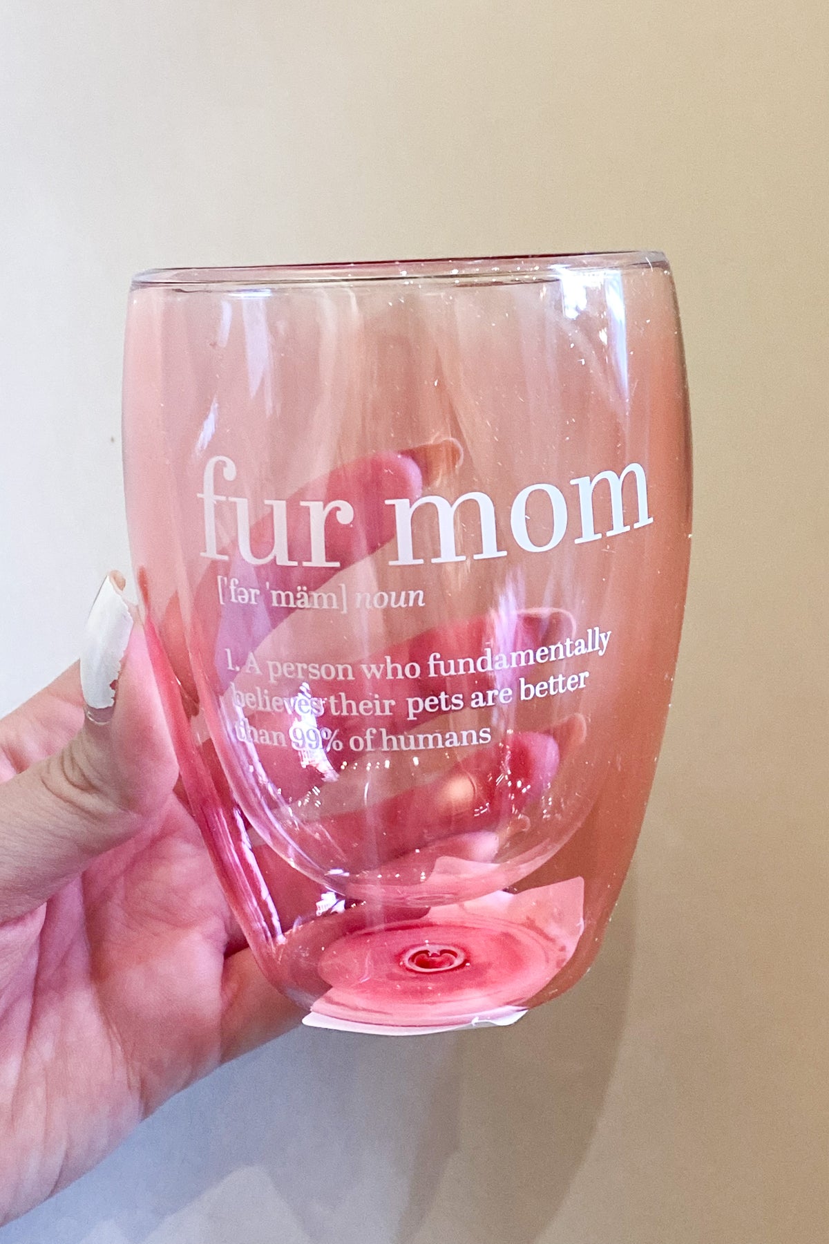 mode, fur mom stemless glass