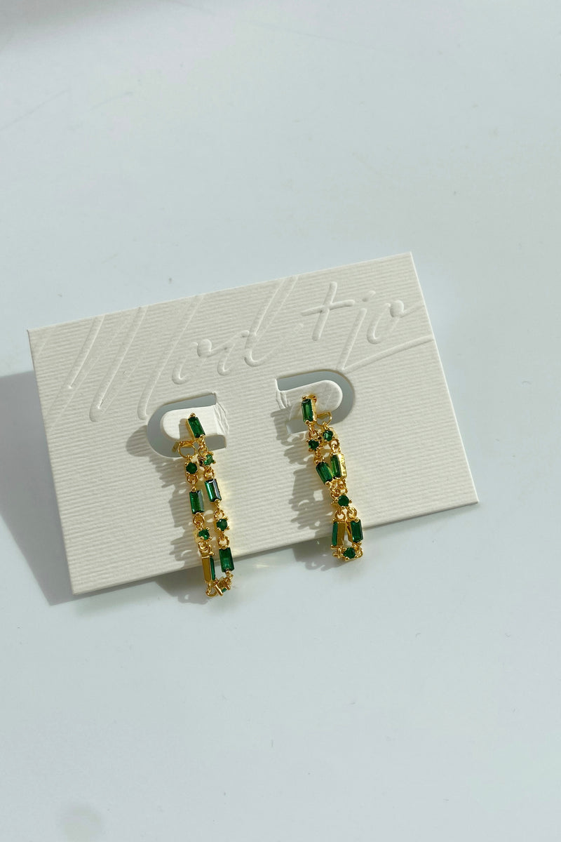 mode, finley baguette hoops emerald