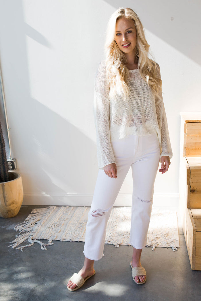 mode, spring neutrals distressed sweater