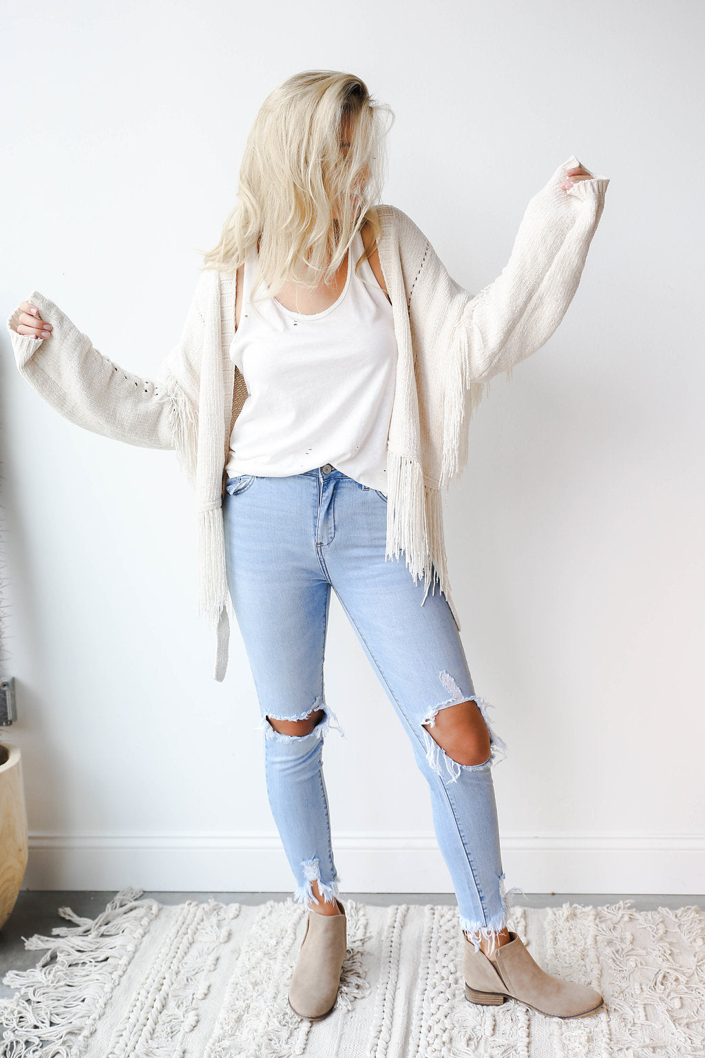 mode, sienna fringe cardigan