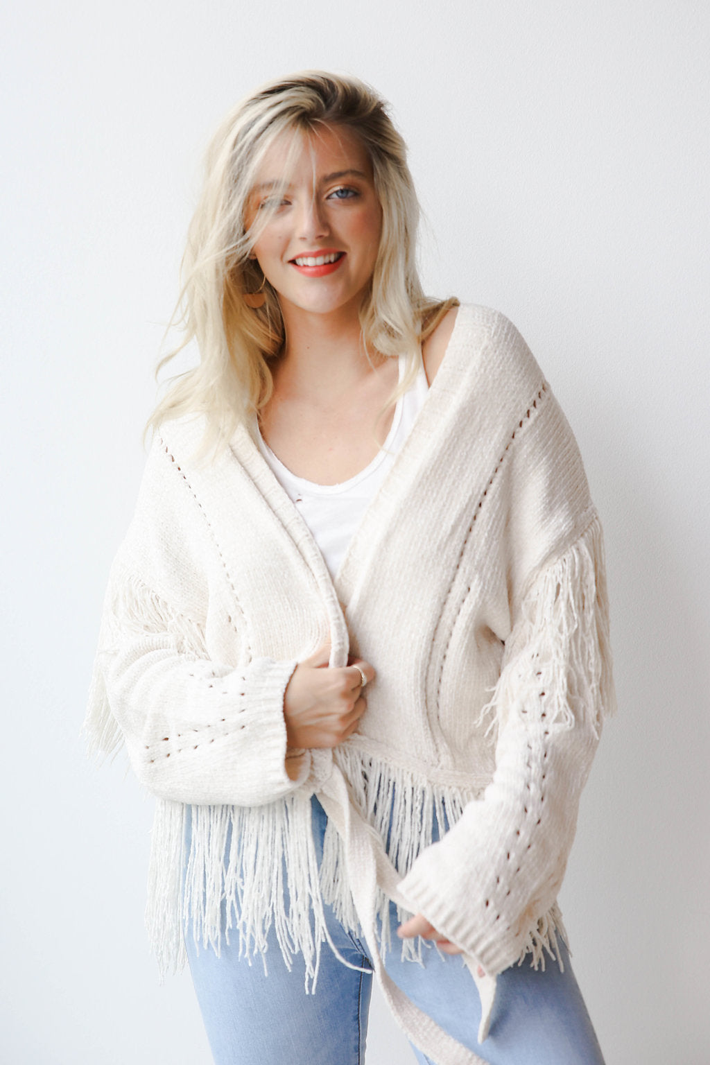 mode, sienna fringe cardigan