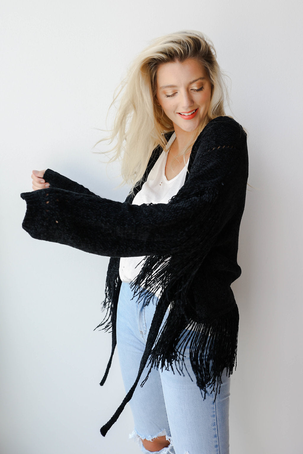 mode, sienna fringe cardigan