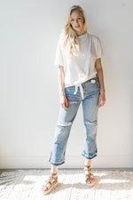 mode, contrast stitch boat neck top