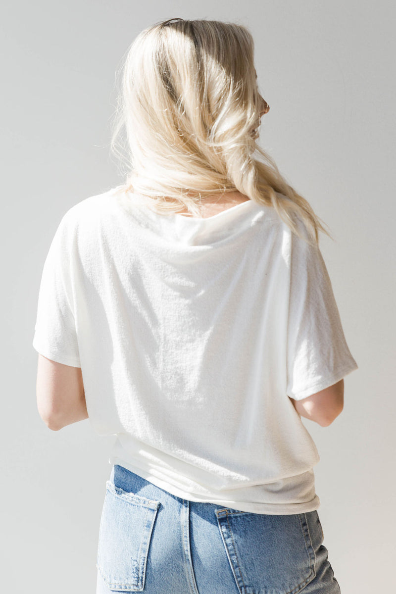 mode, contrast stitch boat neck top