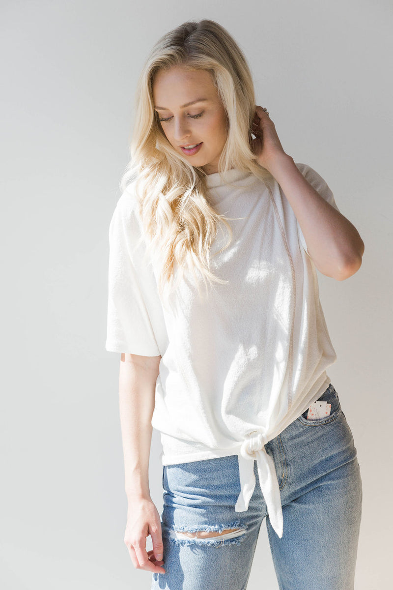 mode, contrast stitch boat neck top