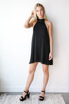 mode, low back halter dress