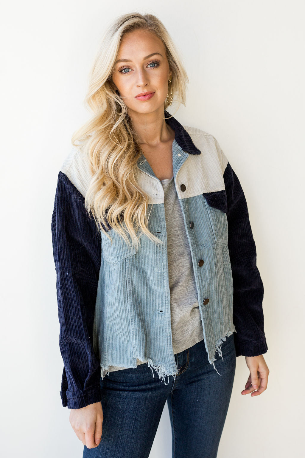 mode, color block shredded cord jacket