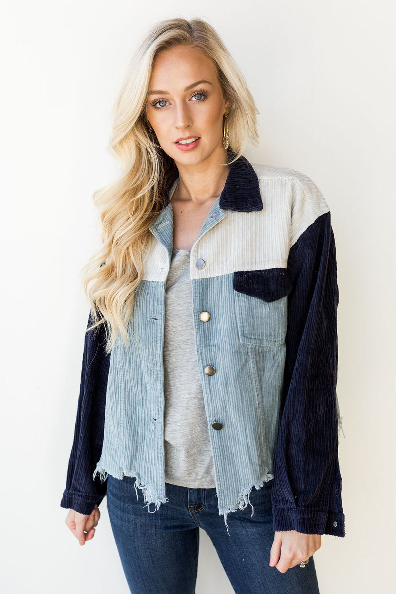 mode, color block shredded cord jacket