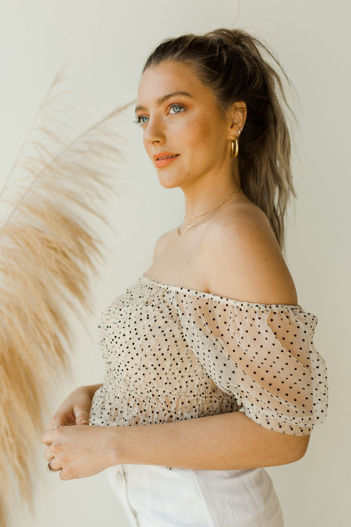 mode, cream puff organza dot top
