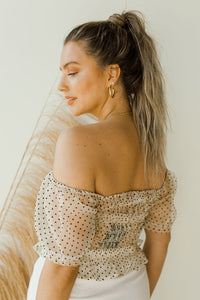 mode, cream puff organza dot top