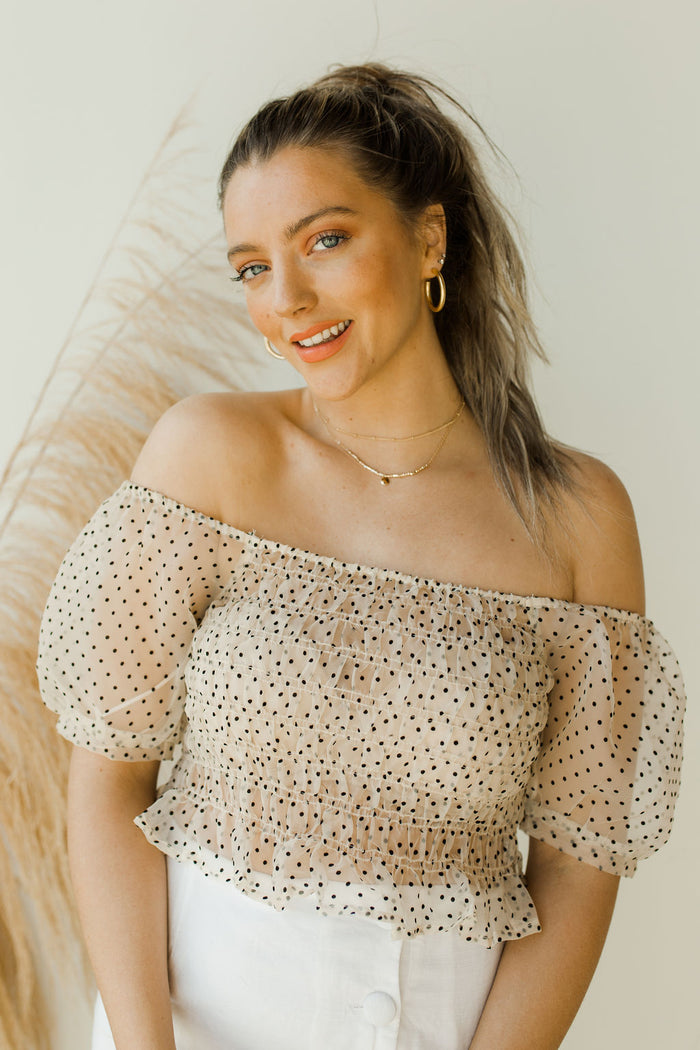 mode, cream puff organza dot top