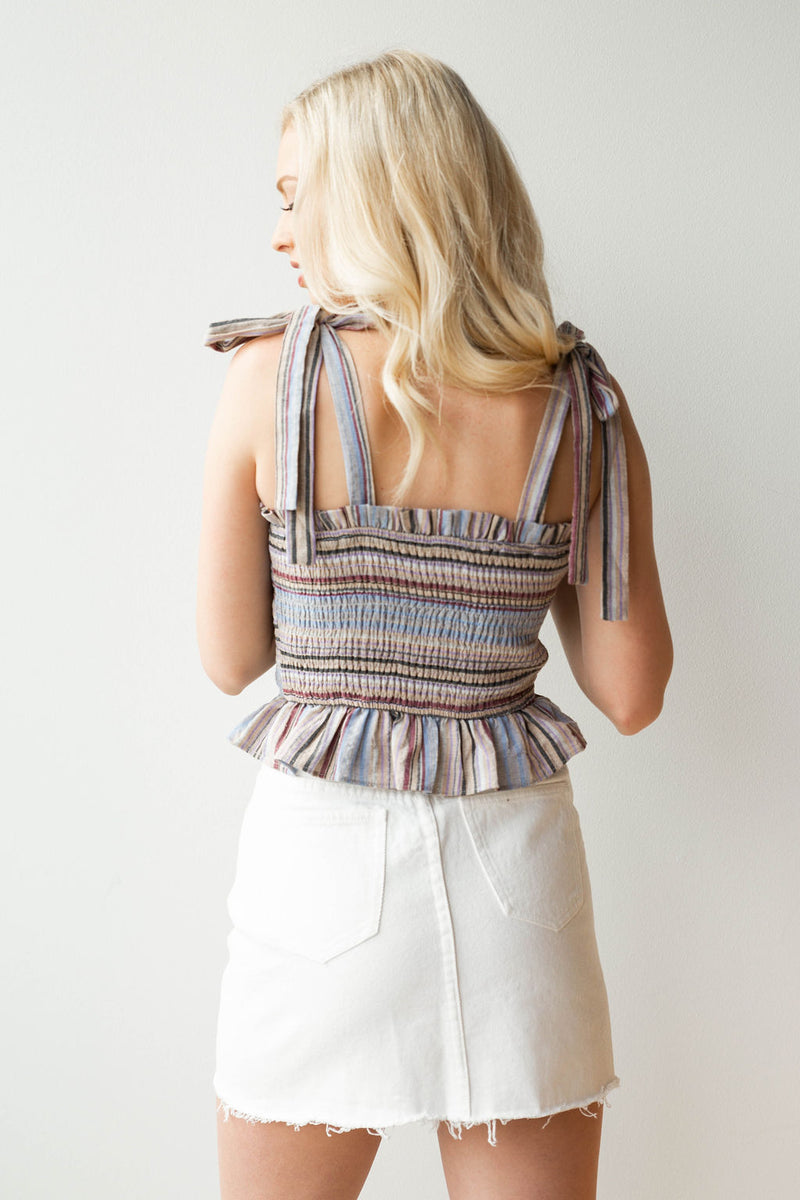 mode, multi stripe rouched tank