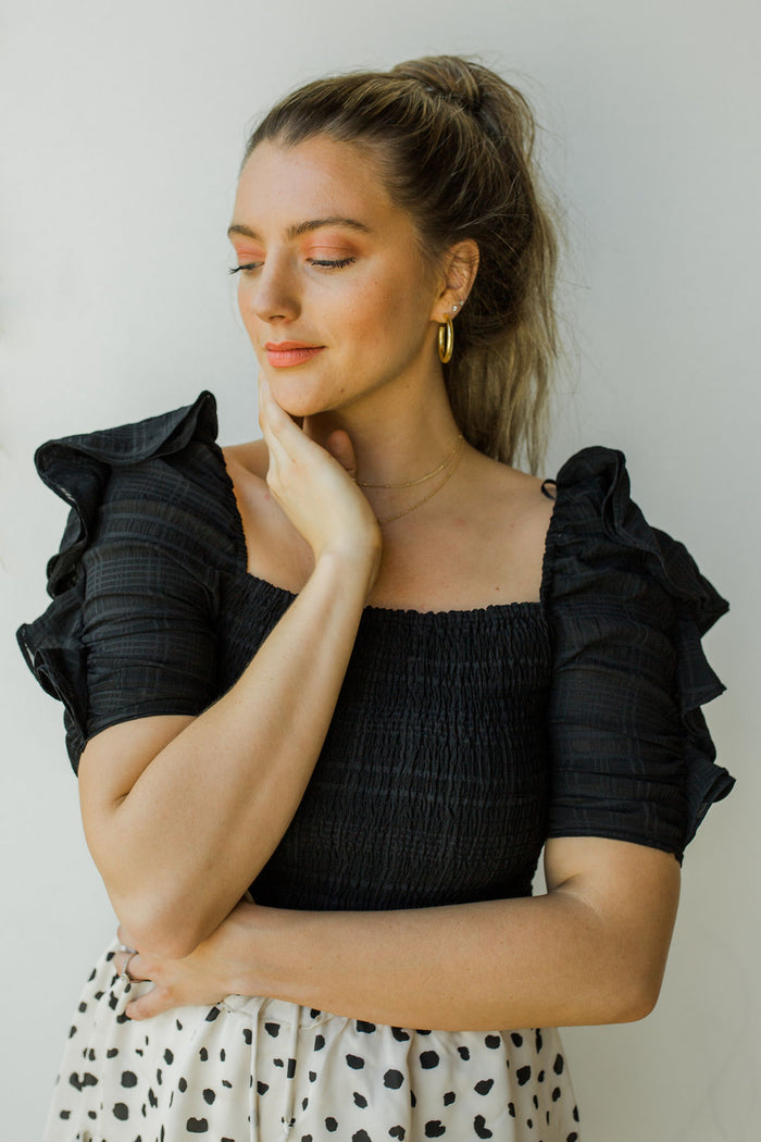 mode, smocked ruffle sleeve detail top