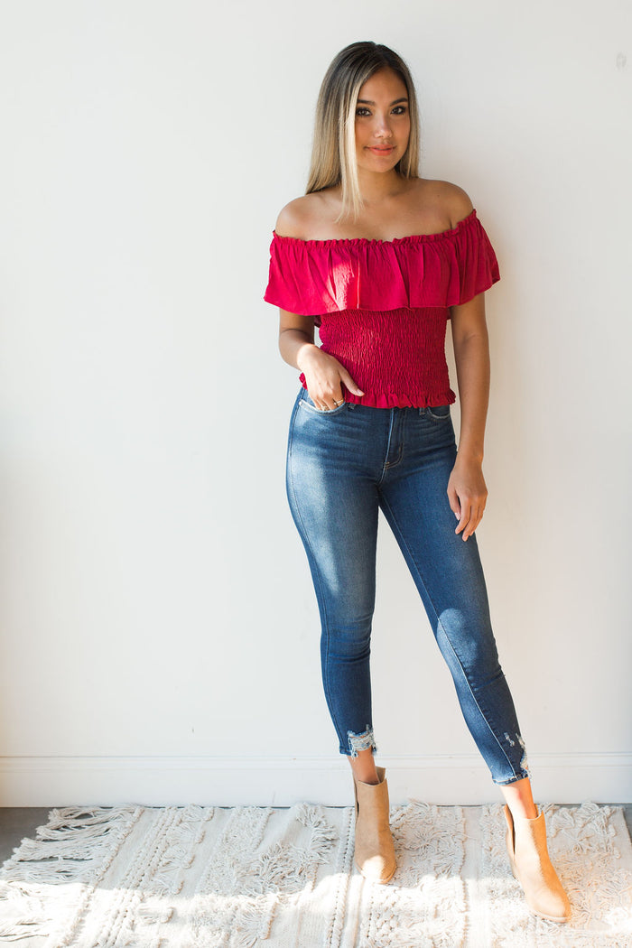 mode, cold shoulder ruffle shoulder smock top