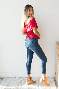 mode, cold shoulder ruffle shoulder smock top