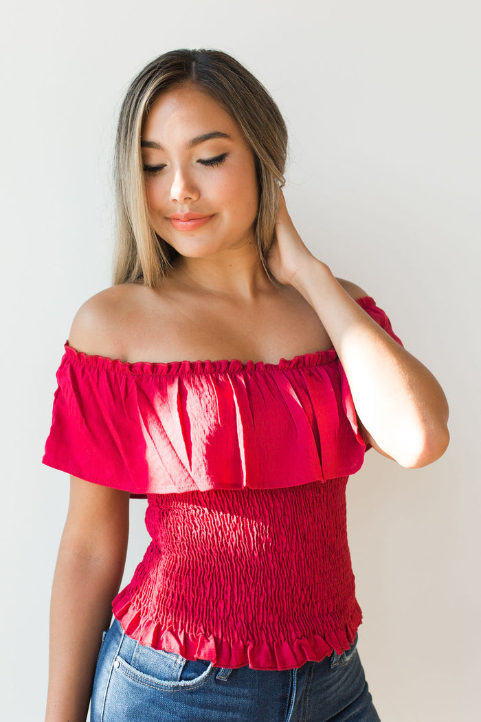 mode, cold shoulder ruffle shoulder smock top