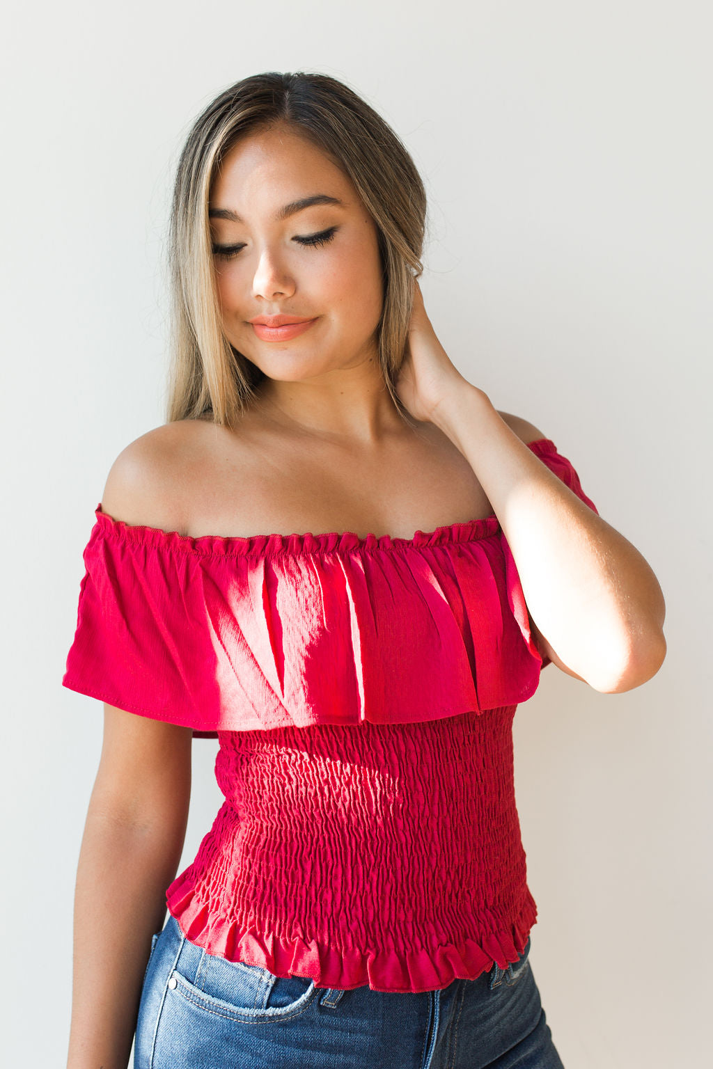 mode, cold shoulder ruffle shoulder smock top
