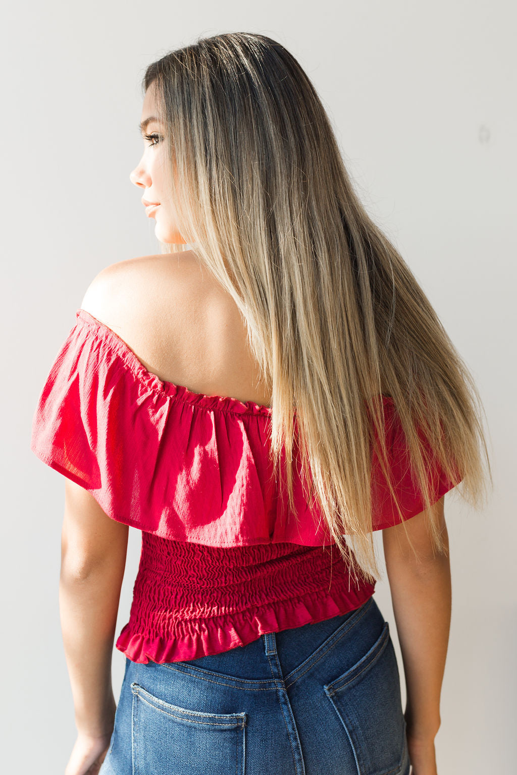 mode, cold shoulder ruffle shoulder smock top