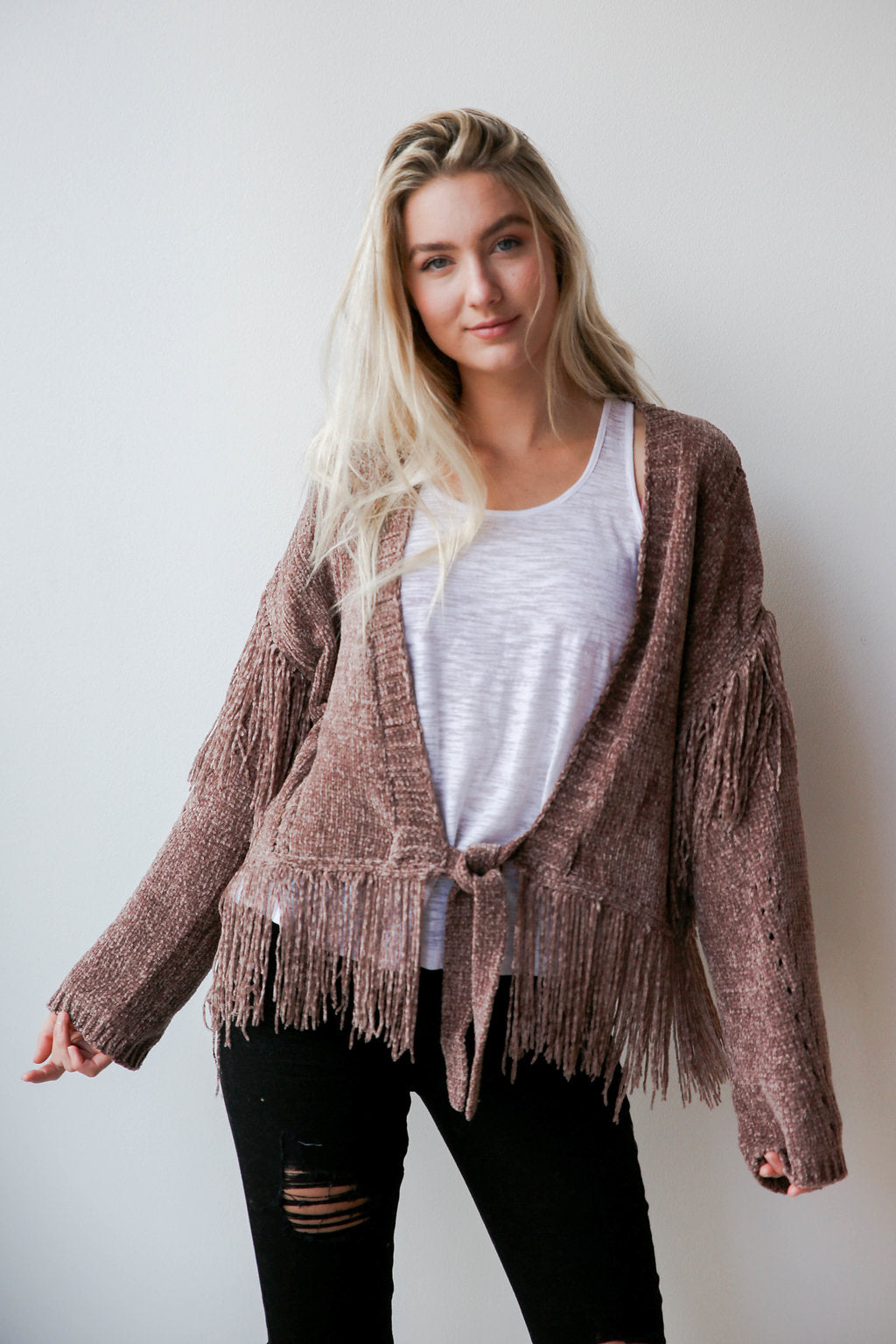mode, sienna fringe cardigan