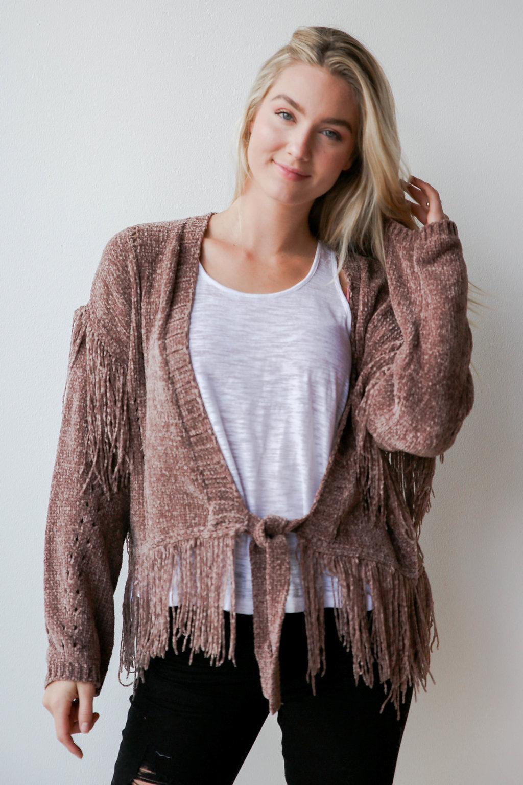 mode, sienna fringe cardigan