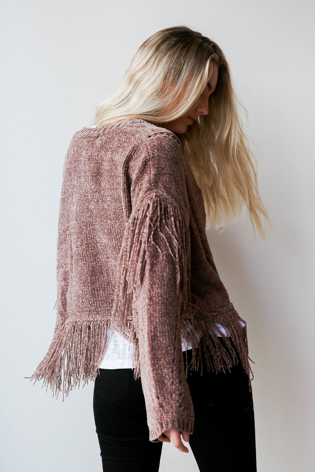 mode, sienna fringe cardigan